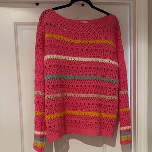 BiBi Pink Open-Knit Off-the-Shoulder Sweater with Multicolor Stripes